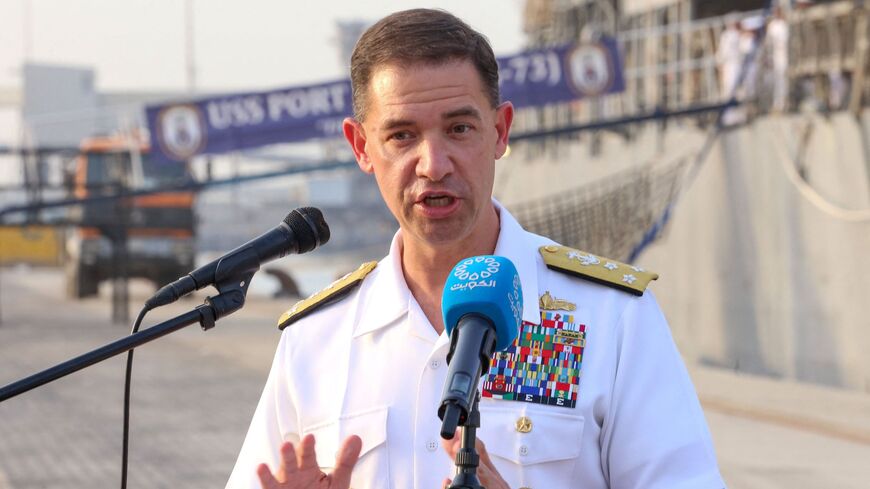 Vice Adm. Brad Cooper Commander of the US Naval Forces Central Command speaks during a press conference in front of the USS Port Royal (CG 73) Guided-missile cruiser at al-Shuaiba port, 35km South of Kuwait City on June 6, 2022.