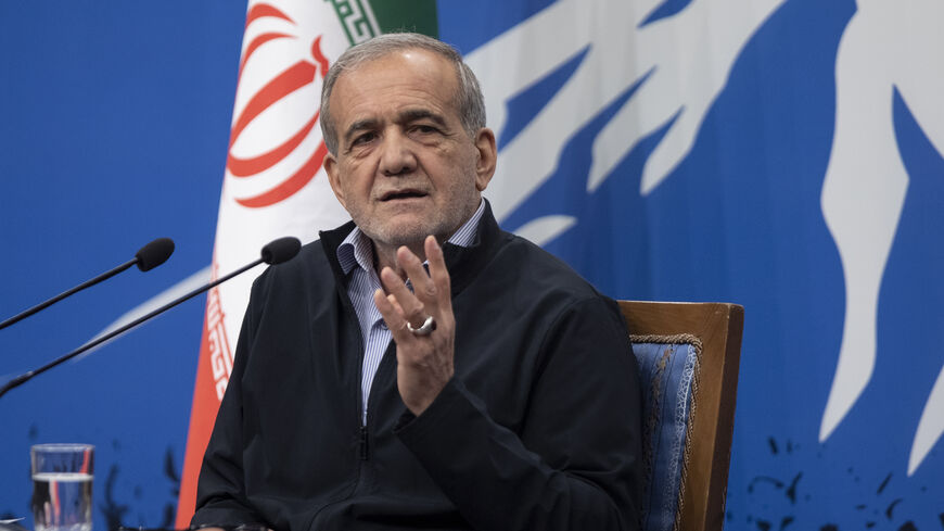 Iranian President Masoud Pezeshkian attends his first press conference, after taking office. on September 16, 2024 in Tehran, Iran.