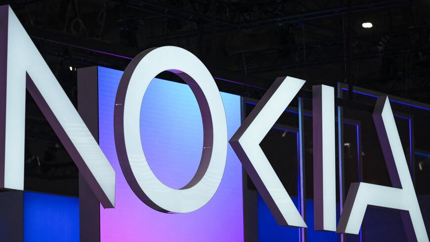 The logo of Finnish technology company Nokia is pictured at the Mobile World Congress, the world's biggest mobile fair, on March 4, 2025, in Barcelona.