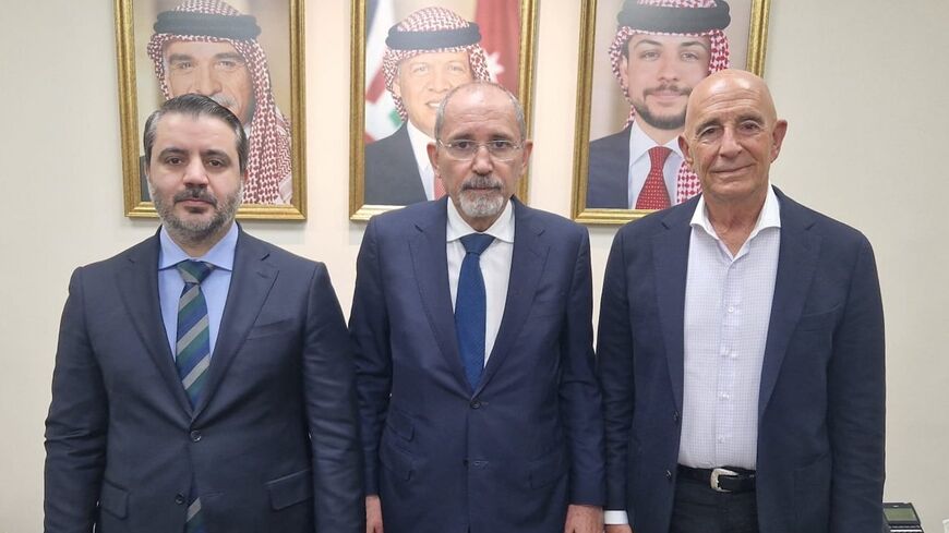 Jordanian Foreign Minister Ayman Safadi, Syrian Foreign Minister Asaad Al-Shaibani, and US Special Envoy for Syria Thomas Barrack meet in Amman on July 19, 2025.