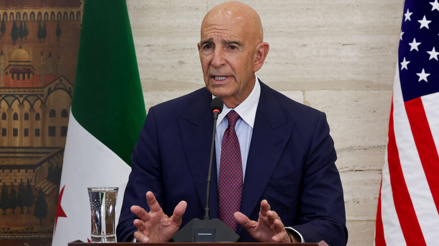 FILE PHOTO: U.S. special envoy for Syria Tom Barrack speaks during a press conference with Syrian Foreign Minister Asaad Hassan al-Shibani and Jordanian Foreign Minister Ayman Safadi, in Damascus, Syria September 16, 2025. REUTERS/Khalil Ashawi/File Photo