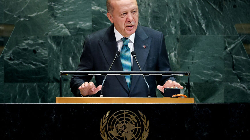 Turkey's President Tayyip Erdogan addresses the 80th United Nations General Assembly at U.N. headquarters in New York, U.S., September 23, 2025.  REUTERS/MIKE SEGAR