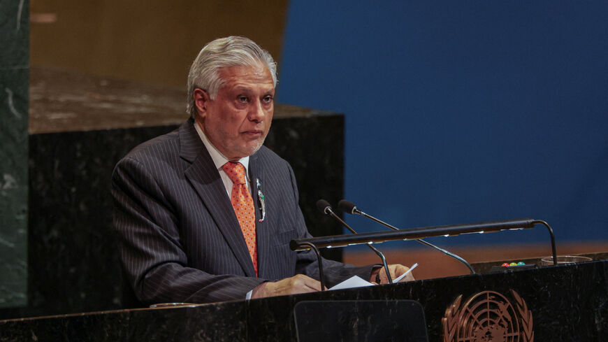 Mohammad Ishaq Dar, Deputy Prime Minister and Minister for Foreign Affairs of Pakistan, speaks during a High-level International Conference for the Peaceful Settlement of the Question of Palestine and the Implementation of the Two-State Solution at U.N. headquarters in New York City, U.S., July 28, 2025. REUTERS/Jeenah Moon