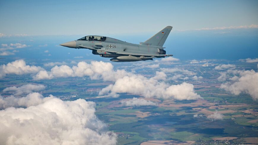 A Eurofighter Typhoon of the German Air Force (31 26) in flight during a demonstration as part of a press day at the military air base in Laage, south of Rostock, Sept. 23, 2025.