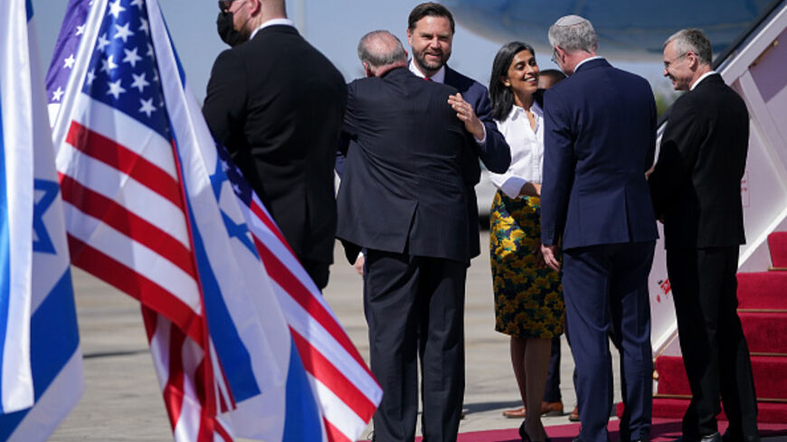 TEL AVIV, ISRAEL - OCTOBER 21: U.S. Vice President JD Vance and Second Lady Usha Vance greet U.S. Ambassador to Israel Mike Huckabee, Israeli Ambassador to the U.S. Yechiel Leiter and Israel's Minister of Justice Yariv Levin at Ben Gurion airport on October 21, 2025 in Tel Aviv, Israel. Vance is scheduled to meet with Prime Minister Benjamin Netanyahu in ongoing efforts to maintain the ceasefire between Israel and Hamas. (Photo by Nathan Howard - Pool/Getty Images)