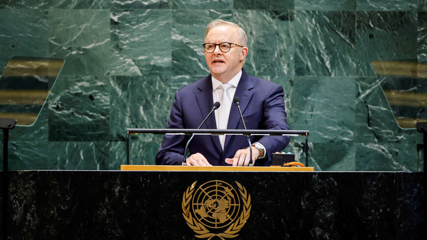 FILE PHOTO: Australia's Prime Minister Anthony Albanese addresses the 80th United Nations General Assembly at U.N. headquarters in New York, U.S., September 24, 2025. REUTERS/Eduardo Munoz/File Photo