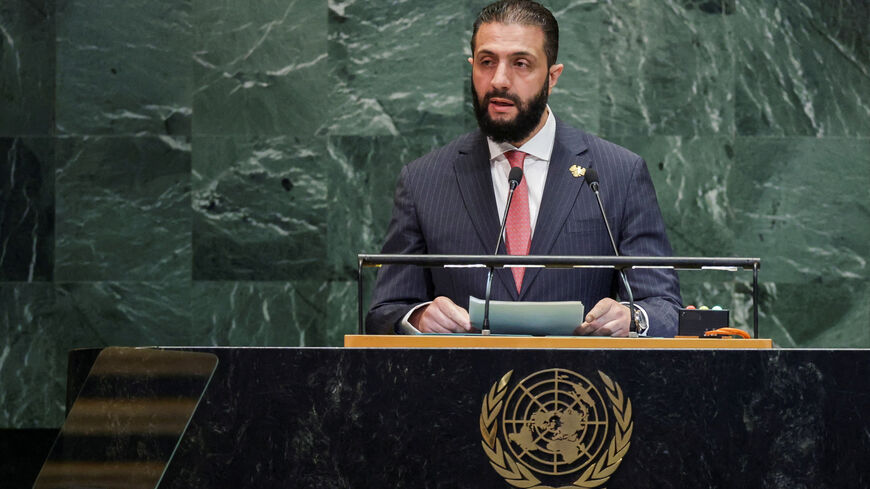 Syrian President Ahmed al-Sharaa addresses the 80th United Nations General Assembly (UNGA) at the U.N. headquarters in New York, U.S., September 24, 2025. REUTERS/Jeenah Moon