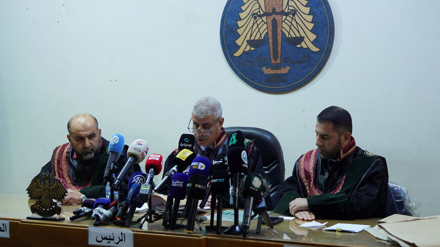 A judge speaks during the trial at the Palace of Justice, as Syria began the trial of a first group drawn from hundreds of defendants allegedly involved in the mass killings of Alawites last March, in Aleppo, Syria, November 18, 2025. REUTERS/Karam al-Masri