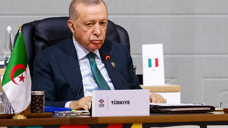 Turkey's President Tayyip Erdogan attends a plenary session on the opening day of the G20 Leaders' Summit at the Nasrec Expo Centre in Johannesburg, South Africa, November 22, 2025. REUTERS/Thomas Mukoya/Pool