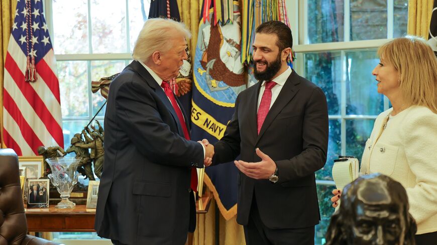 US President Donald Trump meets Syrian President Ahmed al-Sharaa in the Oval Office, Washington, DC, Nov. 10, 2025.