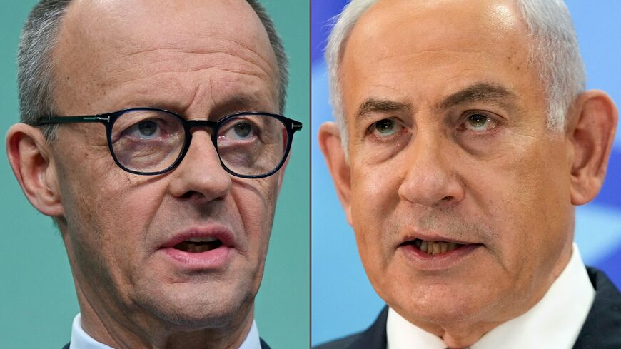 (COMBO) This combination created on February 24, 2025 of file pictures shows the leader and top candidate for Chancellor of Germany's Christian Democratic Union (CDU) party Friedrich Merz (L, on February 24, 2025 in Berlin) and Israeli Prime Minister Benjamin Netanyahu (on December 9, 2024 in Jerusalem.. Friedrich Merz, who is expected to be Germany's next chancellor after his conservative CDU/CSU bloc won national elections, said on February 24, 2025 that he would make sure Benjamin Netanyahu "can visit" G