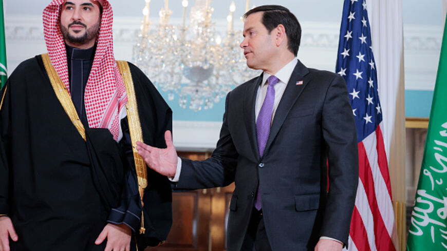 Saudi Arabia Defense Minister Prince Khalid bin Salman and US Secretary of State Marco Rubio speak during a photo opportunity ahead of a meeting in the US State Department Building on February 25, 2025 in Washington, DC.  (Anna Moneymaker/Getty Images)