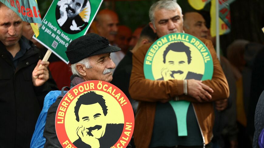 People take part in a demonstration to call for the liberation of Kurdistan Workers Party (PKK) leader Abdullah Ocalan outside the European Council in Strasbourg, eastern France, on Sept. 15, 2025.