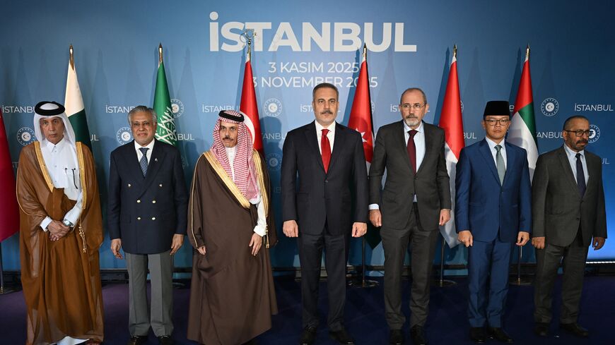 pose for a family photo during a meeting of foreign ministers from Muslim countries to discuss the Gaza peace plan, in Istanbul, on Nov. 3, 2025. 