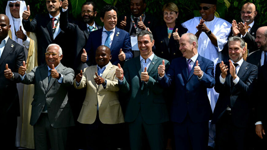  European Council President Antonio Costa, Kenya's Vice President Abraham Kithure Kindiki, Spain's Prime Minister Pedro Sanchez, Ireland's Prime Minister Micheal Martin and the Netherlands' outgoing Prime Minister Dick Schoof pose for the family photo at the Leaders Summit ahead of the COP30 UN climate conference in Belem, Para State, Brazil on November 7, 2025. (PABLO PORCIUNCULA/AFP via Getty Images)