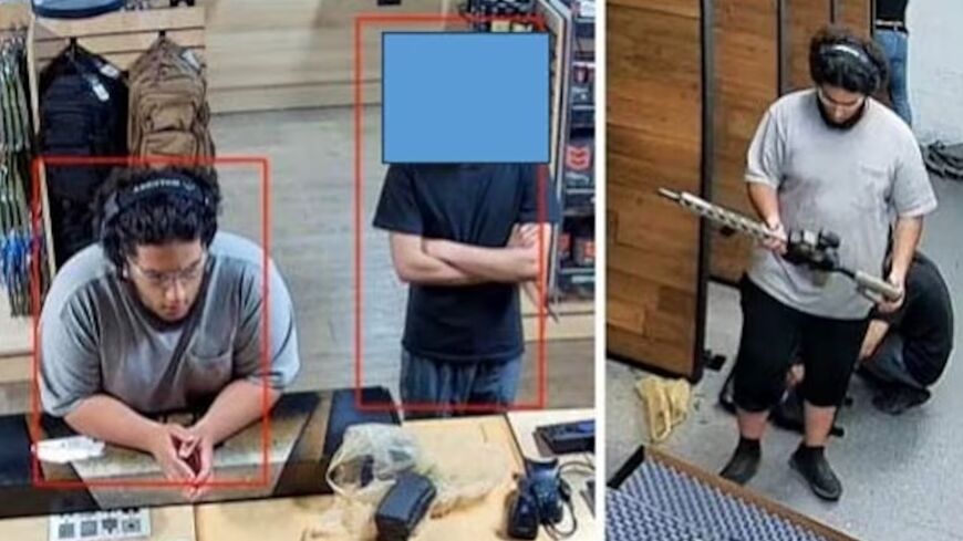 Mohmed Ali, left, and a alleged co-conspirator are seen at a gun store on Sept. 25, 2025, according to a criminal complaint. Part of this image has been obscured by the source. 