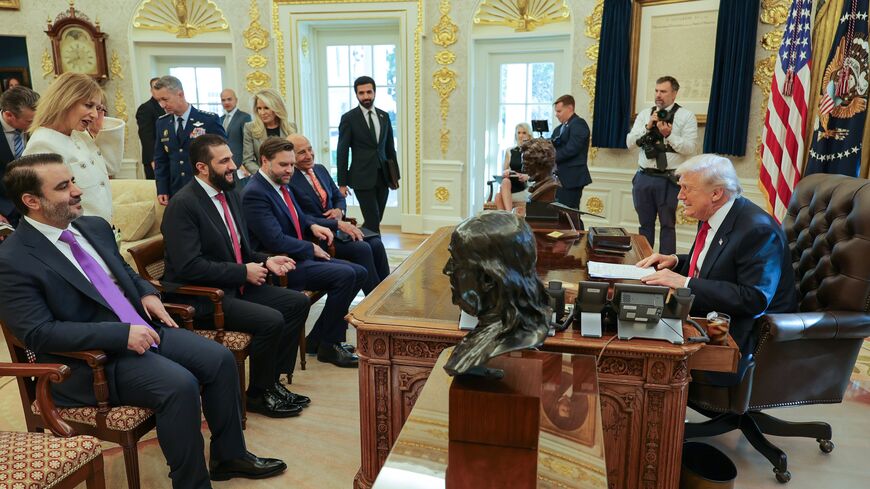 Syrian Foreign Minister Asaad al-Shibani, President Ahmed al-Sharaa, US Vice President JD Vance and US Turkey envoy Tom Barrack (seated L-R) are pictured in the Oval Office meeting with US President Donald Trump on Nov. 10, 2025. (Syrian Presidency)