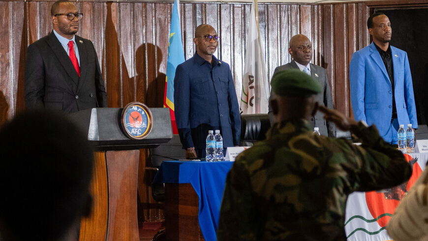 Members of the AFC-M23 Movement delegation attend a press conference on the framework peace agreement signed in Doha on November 15, in Goma, North Kivu Province, Democratic Republic of Congo, November 20, 2025. REUTERS/Stringer
