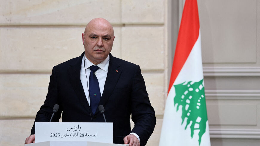 FILE PHOTO: Lebanese President Joseph Aoun attends a joint press conference with French President Emmanuel Macron, at the Elysee Palace in Paris, France, March 28, 2025. REUTERS/Sarah Meyssonnier/Pool/File Photo