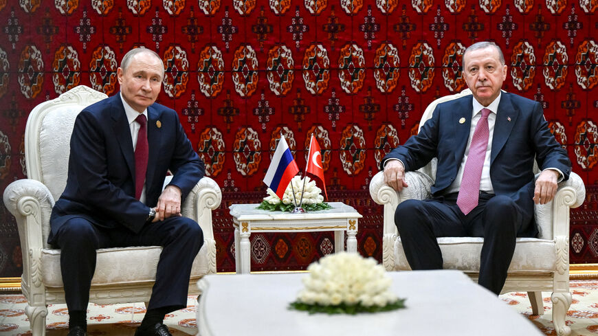 Russian President Vladimir Putin and Turkish President Tayyip Erdogan attend a meeting in Ashgabat, Turkmenistan December 12, 2025. Sputnik/Kristina Kormilitsyna/Pool via REUTERS