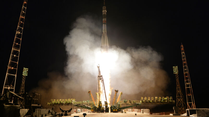 The Soyuz MS-15 rocket carrying three crew members of the International Space Station (ISS) blasts off to the ISS from the launch pad of the Russian-leased Baikonur cosmodrome in Kazakhstan on Sept. 25, 2019. 