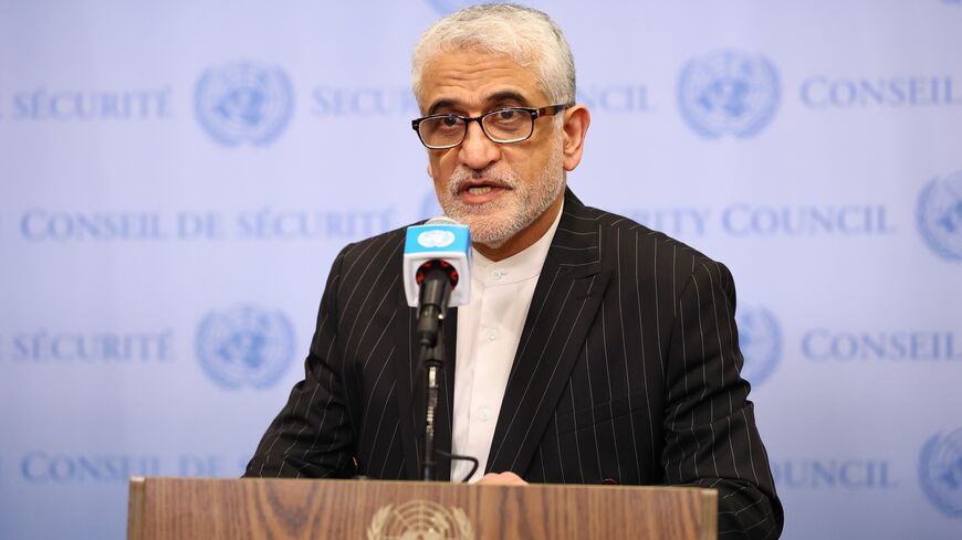 Ambassador Amir Saeid Iravani, permanent representative of Iran to the UN, gives a statement after a UN Security Council meeting on June 13, 2025, in New York City.