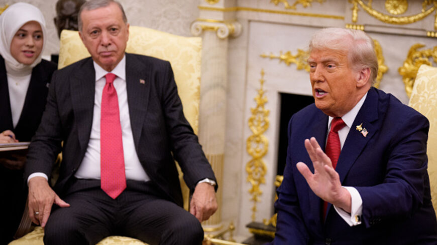 US President Donald Trump and President of Turkey Recep Tayyip Erdogan (2nd-L) at the White House on September 25, 2025 in Washington, DC. (Andrew Harnik/Getty Images)