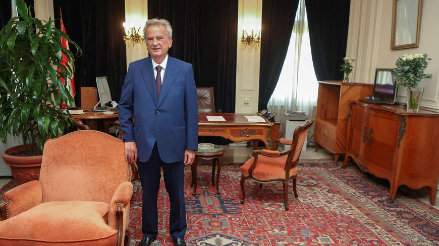 FILE PHOTO: Longtime chief of Lebanon's Central Bank Riad Salameh, poses as he leaves office after a 30-year tenure, at Lebanon's Central Bank building in Beirut, Lebanon July 31, 2023. REUTERS/Mohamed Azakir/ File Photo