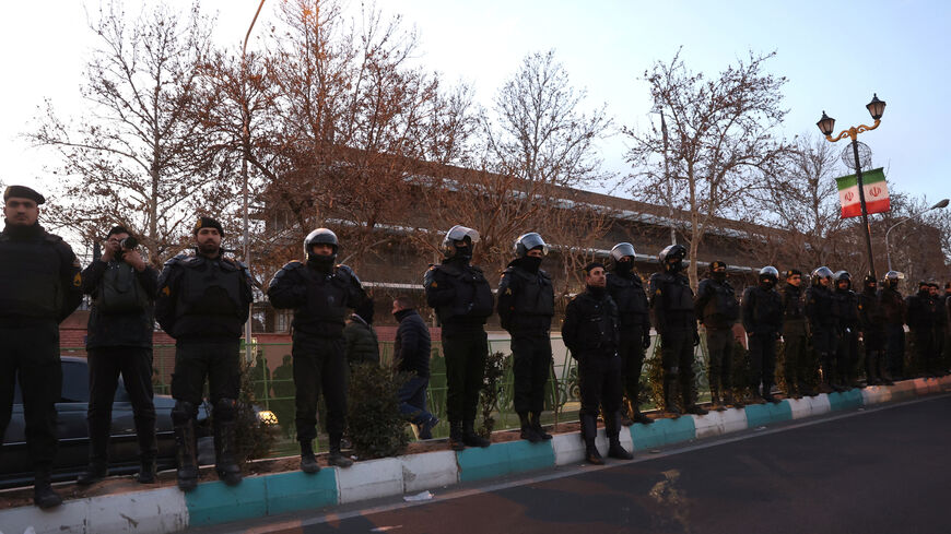 Members of the Iranian police stand guard at a protest in front of the British embassy following anti-government protests in Tehran, Iran, January 14, 2026. Majid Asgaripour/WANA (West Asia News Agency) via REUTERS