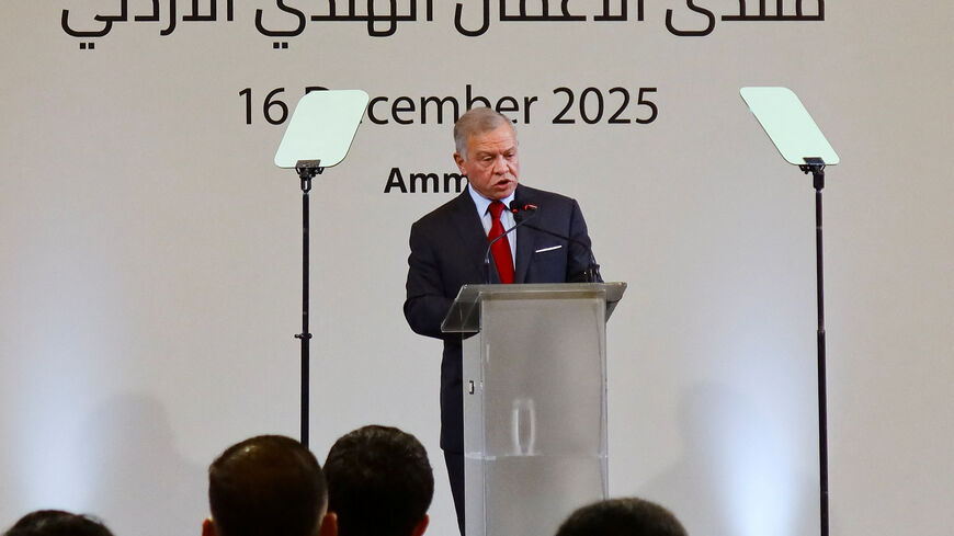 Jordan's King Abdullah II speaks at the India-Jordan Business Forum, where India's Prime Minister Narendra Modi is attending, in Amman, Jordan, December 16, 2025. REUTERS/Jehad Shelbak