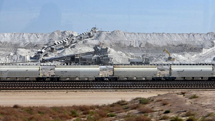 Railroad tracks by a quarry at the Jubail Industrial City, north of Dammam, in Saudi Arabia's Eastern province, overlooking the Gulf, Dec. 11, 2019.