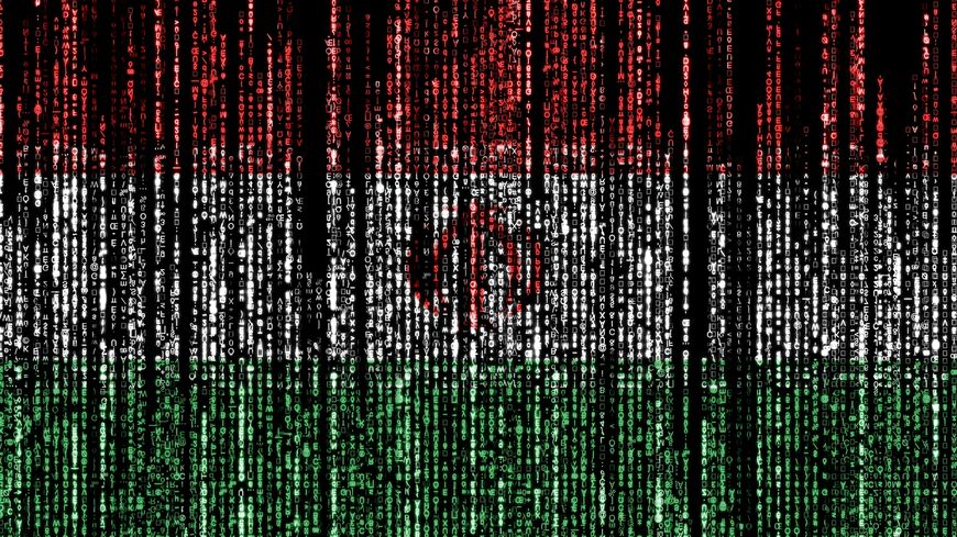 Flag of Iran on a computer binary codes falling from the top and fading away.