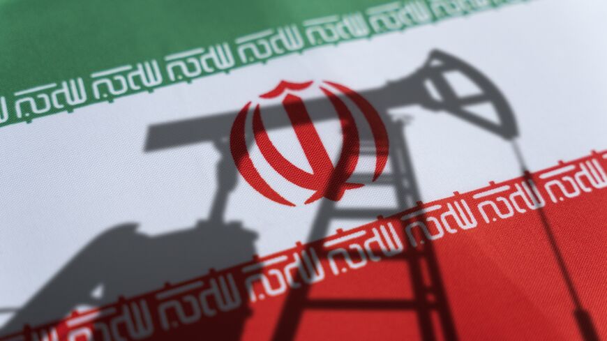 Oil rigs on the background of the Iranian flag. 