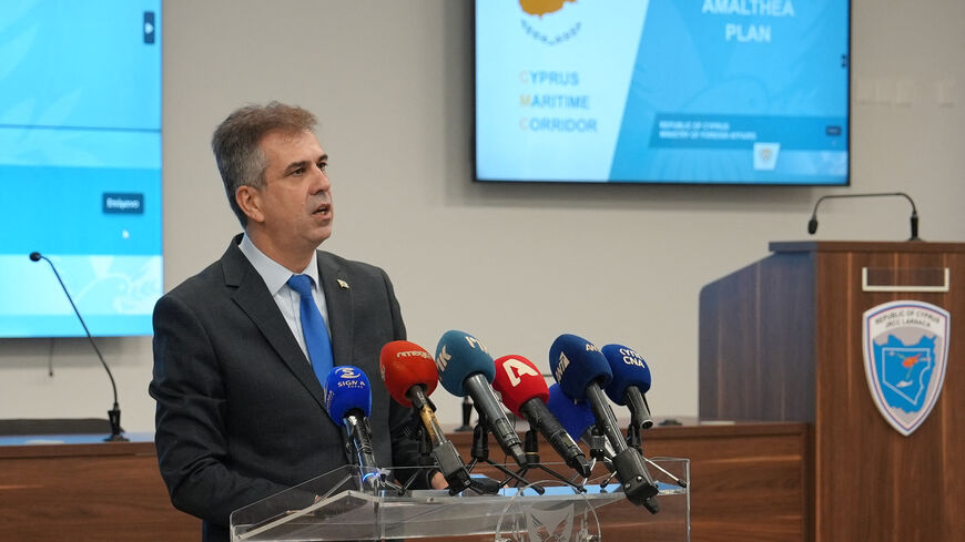 Israel's Foreign Minister Eli Cohen gives a press conference in Larnaca on December 20, 2023 talking about a humanitarian aid corridor from the Mediterranean island to war-torn Gaza. (Photo by Elisa AMOURET / AFP) (Photo by ELISA AMOURET/AFP via Getty Images)