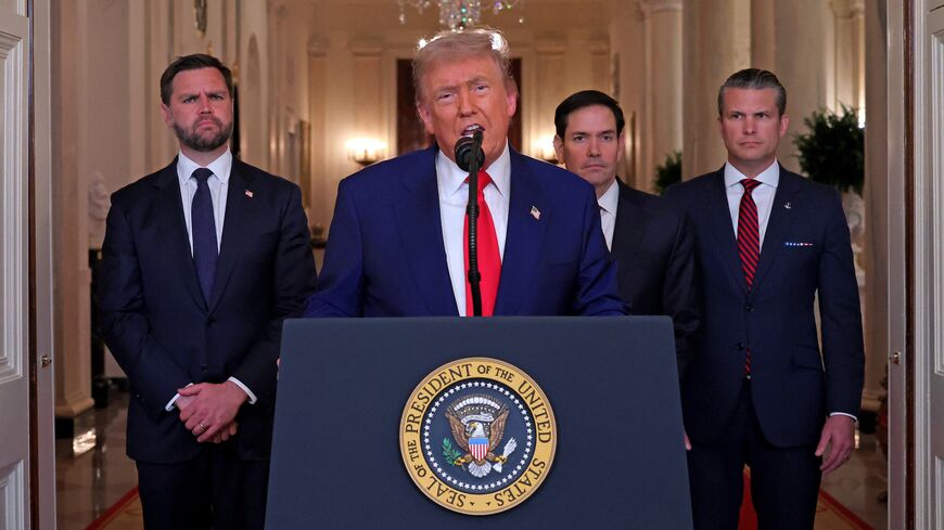 US President Donald Trump addresses the nation, alongside US Vice President JD Vance (L), US Secretary of State Marco Rubio (2nd R), and US Secretary of Defense Pete Hegseth (R), from the White House in Washington, on June 21, 2025, following the announcement that the US bombed nuclear sites in Iran.