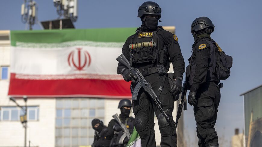 Security forces are seen during a pro-government rally on January 12, 2026, in Tehran, Iran. 