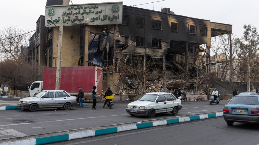 TEHRAN, IRAN - JANUARY 10: The heavily damaged Tax Affairs building is pictured on January 10, 2026 in Tehran, Iran. Some areas of Tehran sustained heavy damage during ongoing protests that came to a head on January 8, amid a growing economic and political crisis sweeping the country. (Photo by Stringer/Getty Images)