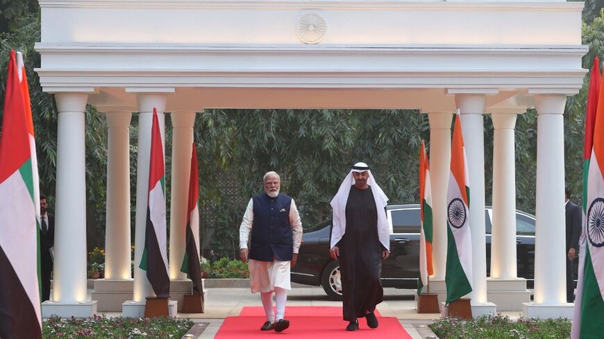 UAE President Sheikh Mohamed bin Zayed Al Nahyan walks with Indian Prime Minister Narendra Modi while on an official visit in New Delhi, India, on Jan. 19, 2026. 