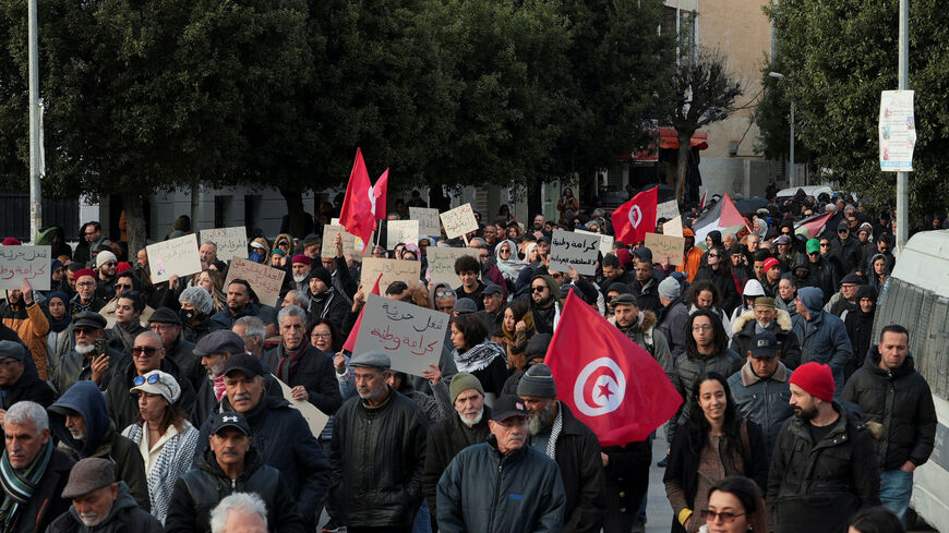 Activists and political opponents protest against Tunisian President Kais Saied and calling for an end to one-man rule and the restoration of democracy, in Tunis, Tunisia January 10, 2026. REUTERS/Jihed Abidellaoui