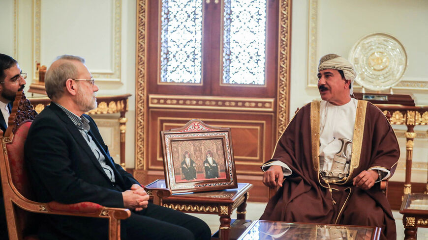Secretary of the National Security Council, Ali Larijani meets with the Minister of the Royal Office in the Sultanate of Oman, Sultan bin Mohammed al Numani, in Muscat, Oman, February 10, 2026. Iran's National Security Council/WANA (West Asia News Agency)/Handout via REUTERS ATTENTION EDITORS - THIS PICTURE WAS PROVIDED BY A THIRD PARTY.