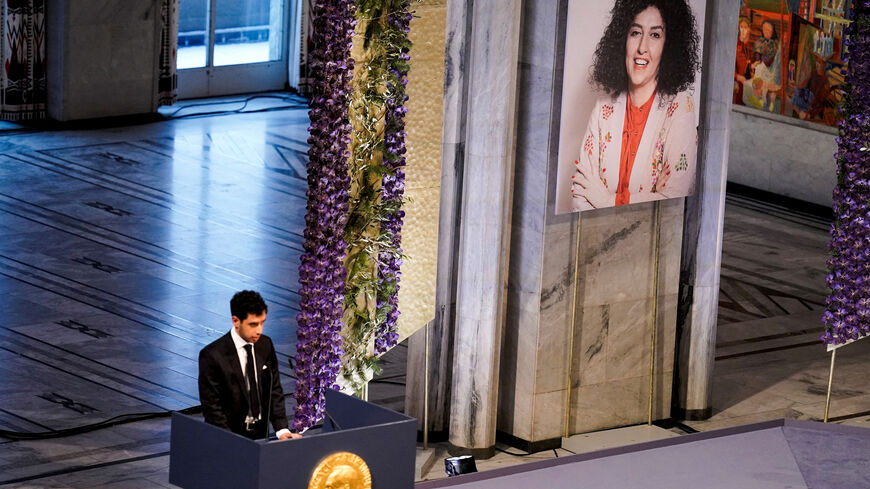 FILE PHOTO: Ali Rahmani, son of Narges Mohammadi, an imprisoned Iranian human rights activist, who was awarded the Nobel Peace Prize 2023, speaks after receiving the award on behalf of his mother at Oslo City Hall, Norway December 10, 2023. NTB/Fredrik Varfjell via REUTERS /File Photo