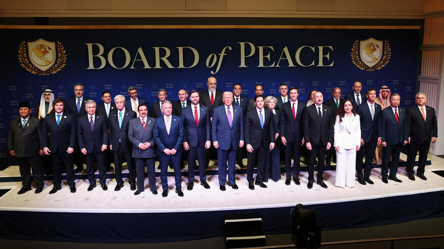U.S President Donald Trump, U.S. Vice President JD Vance, U.S. Secretary of State Marco Rubio, White House Chief of Staff Susie Wiles, U.S. Special Envoy Steve Witkoff and Donald Trump's son-in-law Jared Kushner stand with world leaders participating in the inaugural Board of Peace meeting at the U.S. Institute of Peace in Washington, D.C., U.S., February 19, 2026. REUTERS/Kevin Lamarque