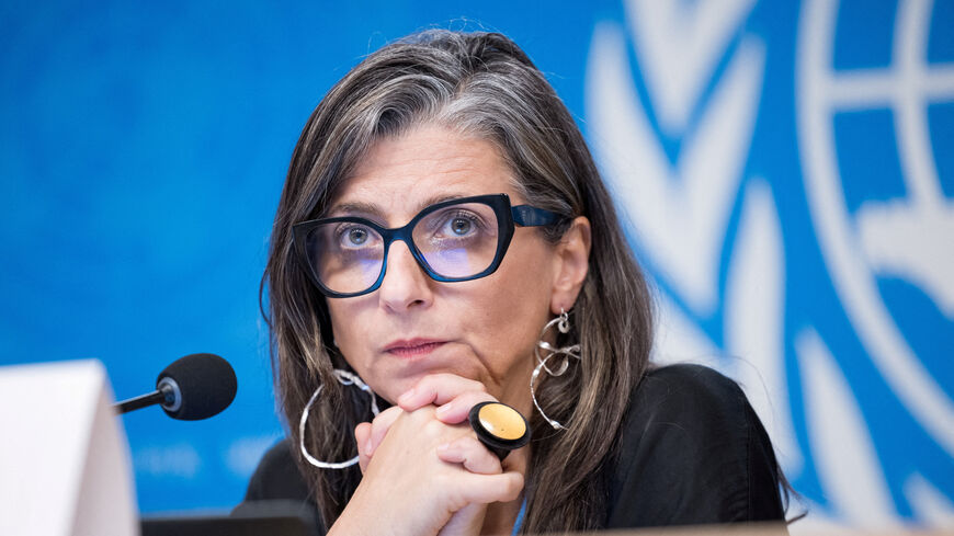 FILE PHOTO: United Nations Special Rapporteur on the situation of human rights in the occupied Palestinian territory, Francesca Albanese, attends a press conference at the European headquarters of the UN in Geneva, Switzerland, September 15, 2025. REUTERS/Pierre Albouy/File Photo