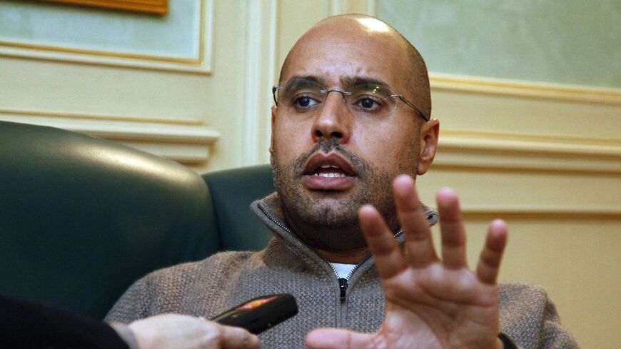 Saif al-Islam Gadhafi, son of Libyan leader Moamer Gadhafi, speaks during an interview with AFP in Tripoli on Feb. 26, 2011. 