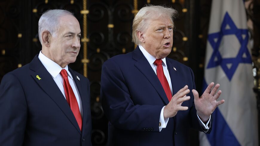 US President Donald Trump welcomes Israeli Prime Minister Benjamin Netanyahu to his Mar-a-Lago club on Dec. 29, 2025, in Palm Beach, Florida. 