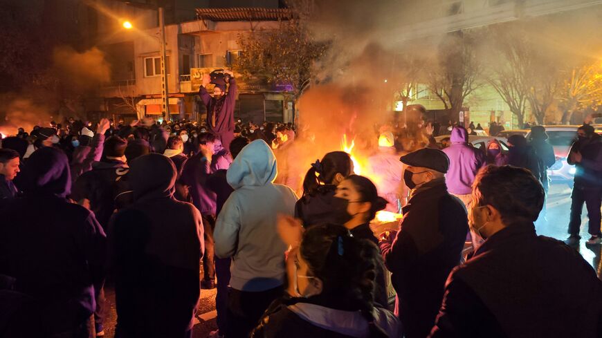 Fires are lit as protesters rally on Jan. 8, 2026 in Tehran, Iran. 