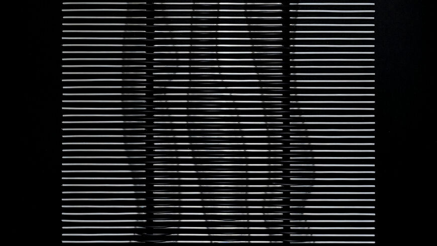 Donia Alshetairy. “Bodies Aligned with Their Own Illusion.” 2025. Hand-shaped rubber tubes, silicone and wires on wood panel. (Photo courtesy of the artist and Hafez Gallery)