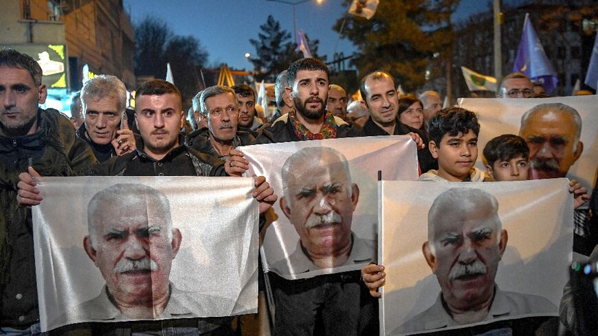 Protesters demand the release of PKK founder Abdullah Ocalan during a march in the Kurdish-majority city of Diyarbakir