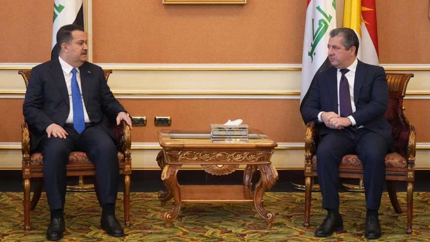 Iraqi Prime Minister Mohammed Shia Al Sudani meets the Prime Minister of the Kurdistan Region, Masrour Barzani, in Erbil on Monday.