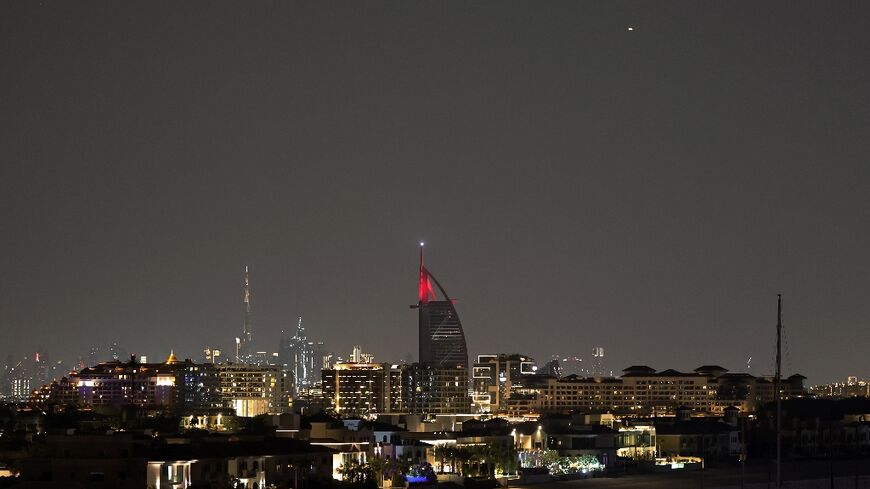 A projectile streaks accross the sky over Dubai on March 5, 2026